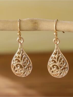 Gold Filigree Teardrop Dangle Earrings - Women Jewelry